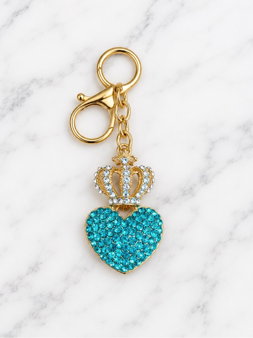 Bag Charm/Keyring-Blue and White Rhinestoned Crowned Heart Charm-Gold Hardware